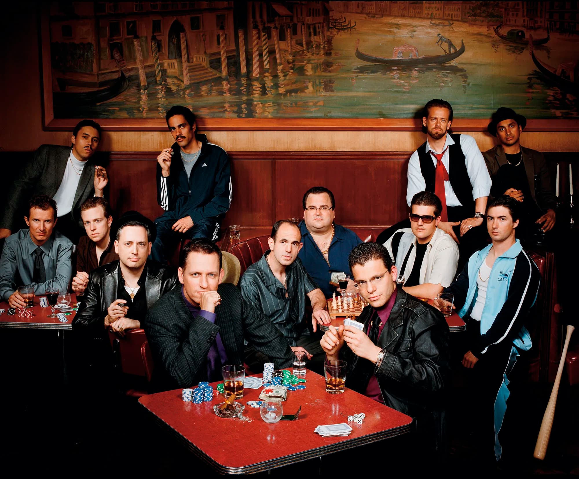 Thirteen PayPal alumni gathered around restaurant tables for Fortune's 2007 PayPal Mafia portrait, photographed by Robyn Twomey.